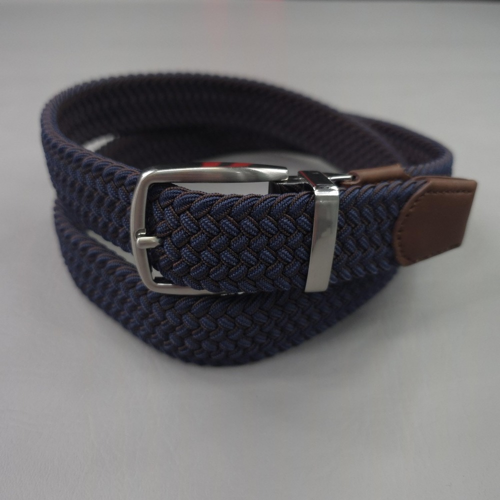 Tommy Bahama Belt Mens 38-42 Blue Braided Stretch Web Leather Trim Silver Buckle